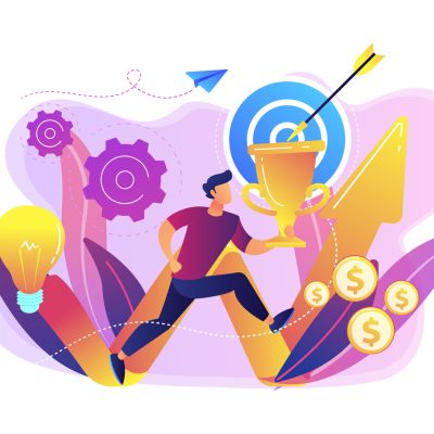 Businessman with trophy running and rising arrow. Business mission, mission statement, business goals and philosophies concept on white background. Bright vibrant violet vector isolated illustration